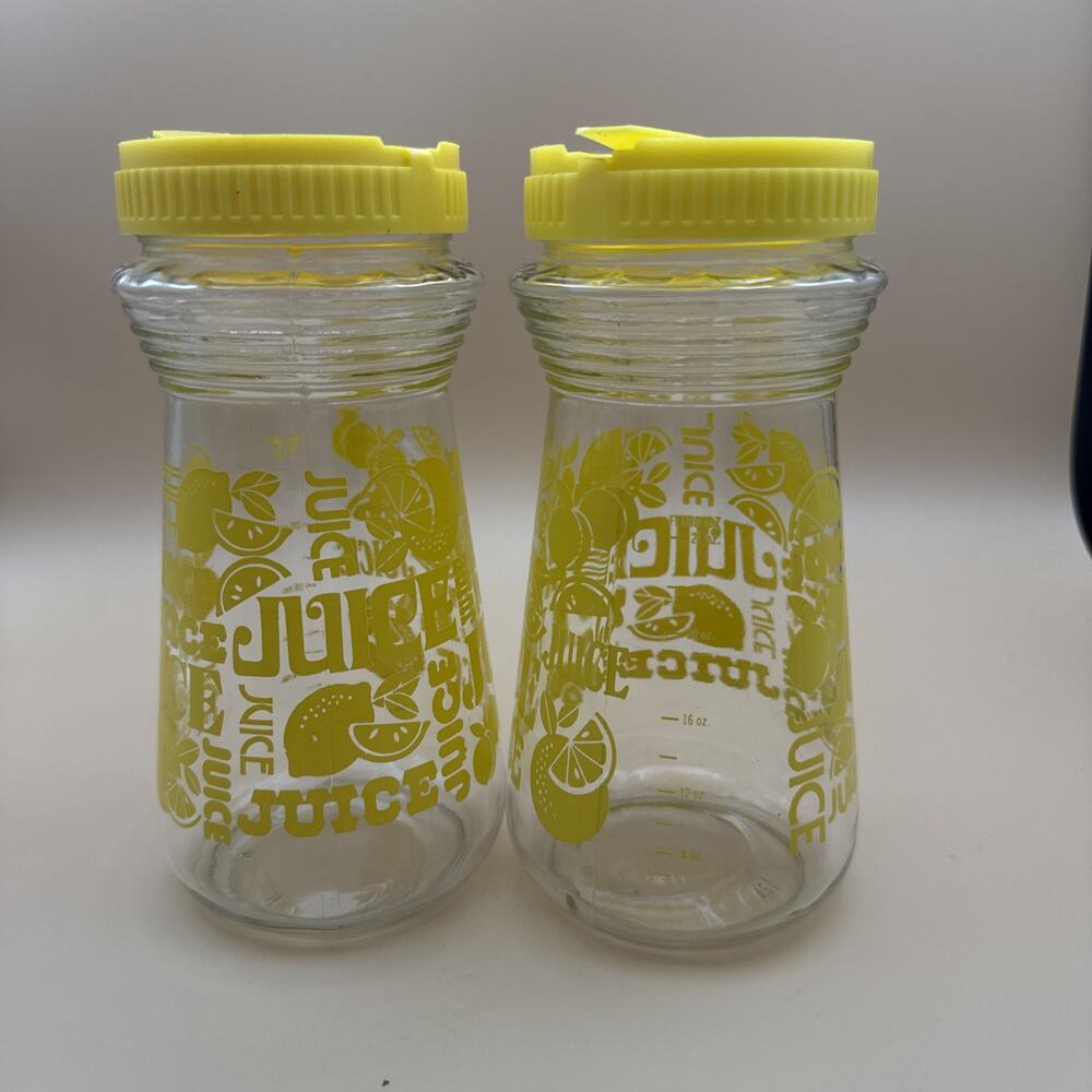 2 Vintage Yellow LemonLEMONADE GLASS JUICE JAR Carafe Jug Pitcher with POUR LIDS